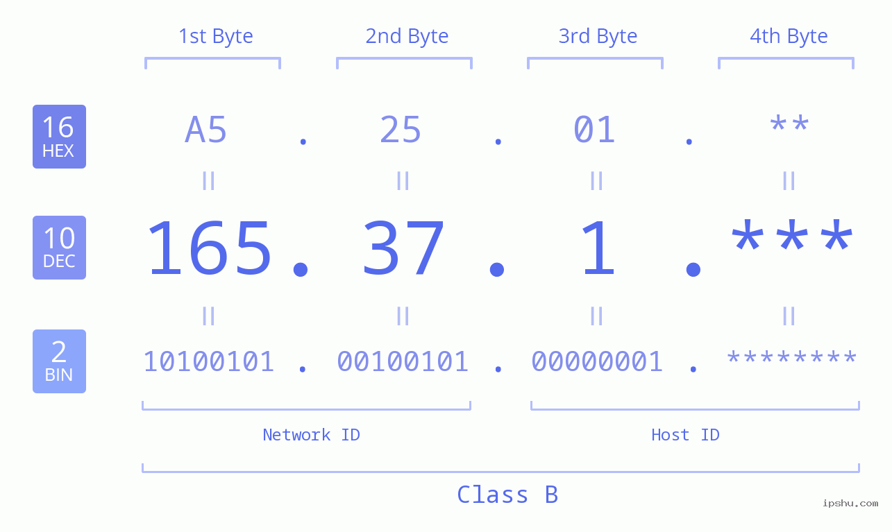 IP Address: 165.37.1 Data Structure Chart BIN DEC HEX IPv4: 165.37.1 Network Class, Net ID, Host ID