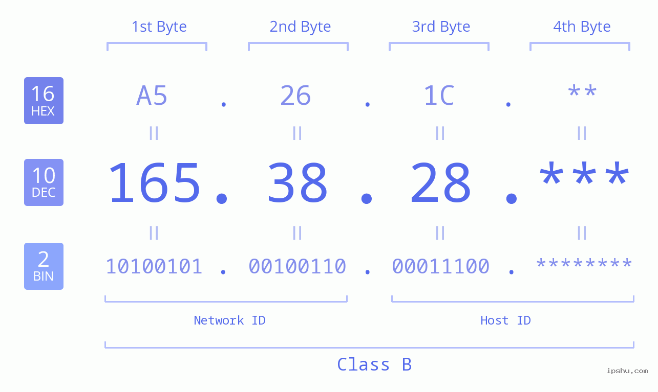 IP Address: 165.38.28 Data Structure Chart BIN DEC HEX IPv4: 165.38.28 Network Class, Net ID, Host ID