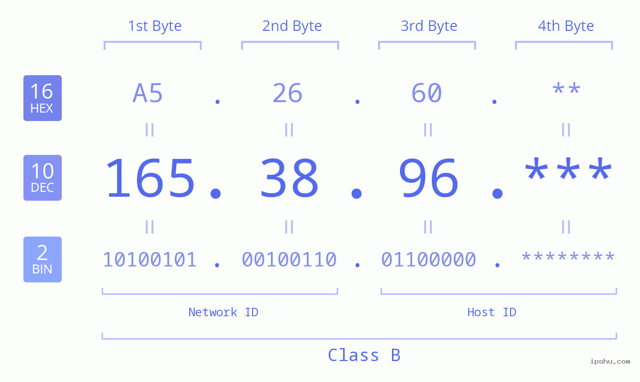 IP Address: 165.38.96 Data Structure Chart BIN DEC HEX IPv4: 165.38.96 Network Class, Net ID, Host ID