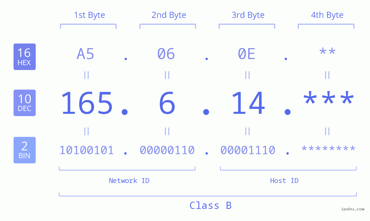 IP Address: 165.6.14 Data Structure Chart BIN DEC HEX IPv4: 165.6.14 Network Class, Net ID, Host ID