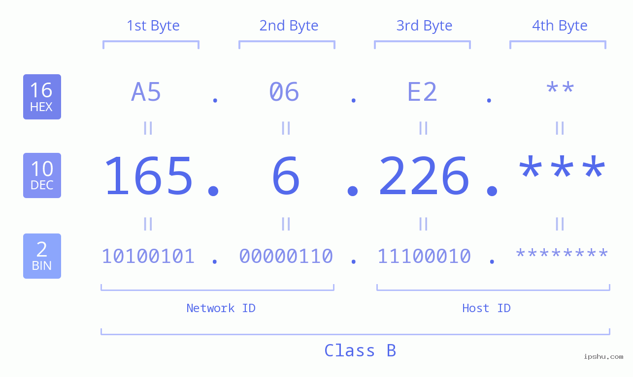IP Address: 165.6.226 Data Structure Chart BIN DEC HEX IPv4: 165.6.226 Network Class, Net ID, Host ID