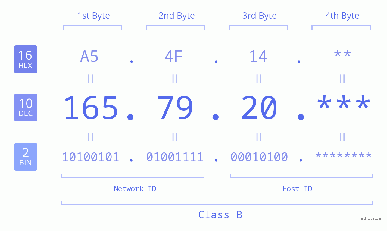 IP Address: 165.79.20 Data Structure Chart BIN DEC HEX IPv4: 165.79.20 Network Class, Net ID, Host ID
