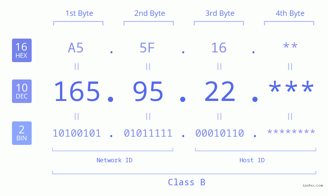 IP Address: 165.95.22 Data Structure Chart BIN DEC HEX IPv4: 165.95.22 Network Class, Net ID, Host ID