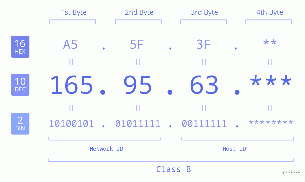 IP Address: 165.95.63 Data Structure Chart BIN DEC HEX IPv4: 165.95.63 Network Class, Net ID, Host ID