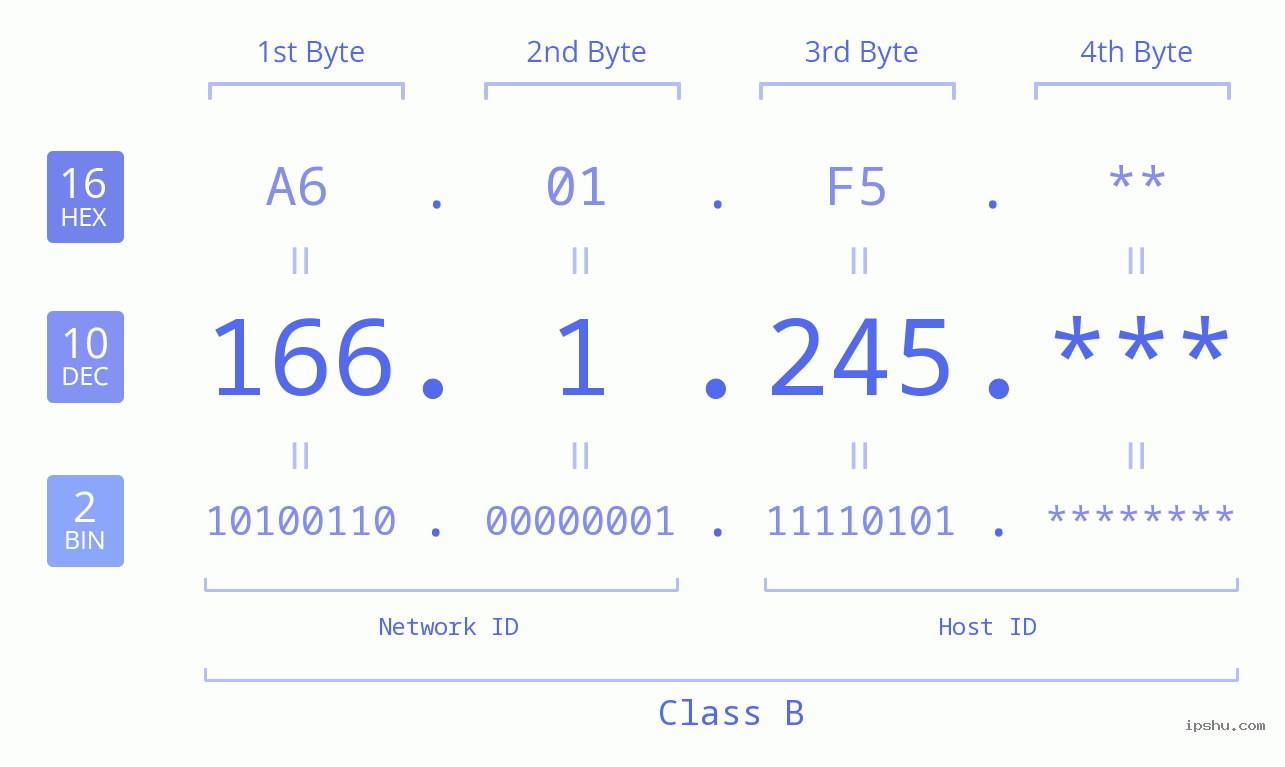 IP Address: 166.1.245 Data Structure Chart BIN DEC HEX IPv4: 166.1.245 Network Class, Net ID, Host ID