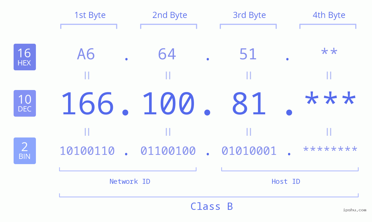 IP Address: 166.100.81 Data Structure Chart BIN DEC HEX IPv4: 166.100.81 Network Class, Net ID, Host ID