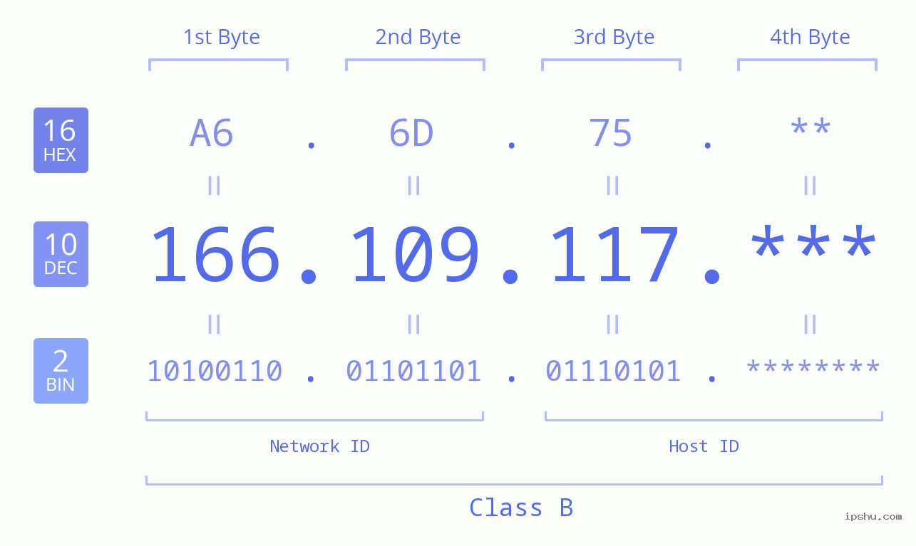 IP Address: 166.109.117 Data Structure Chart BIN DEC HEX IPv4: 166.109.117 Network Class, Net ID, Host ID