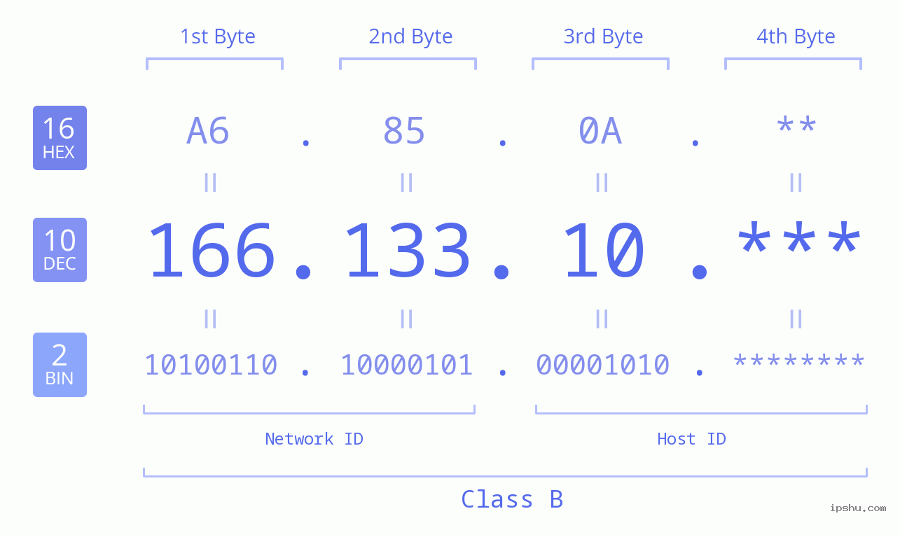 IP Address: 166.133.10 Data Structure Chart BIN DEC HEX IPv4: 166.133.10 Network Class, Net ID, Host ID