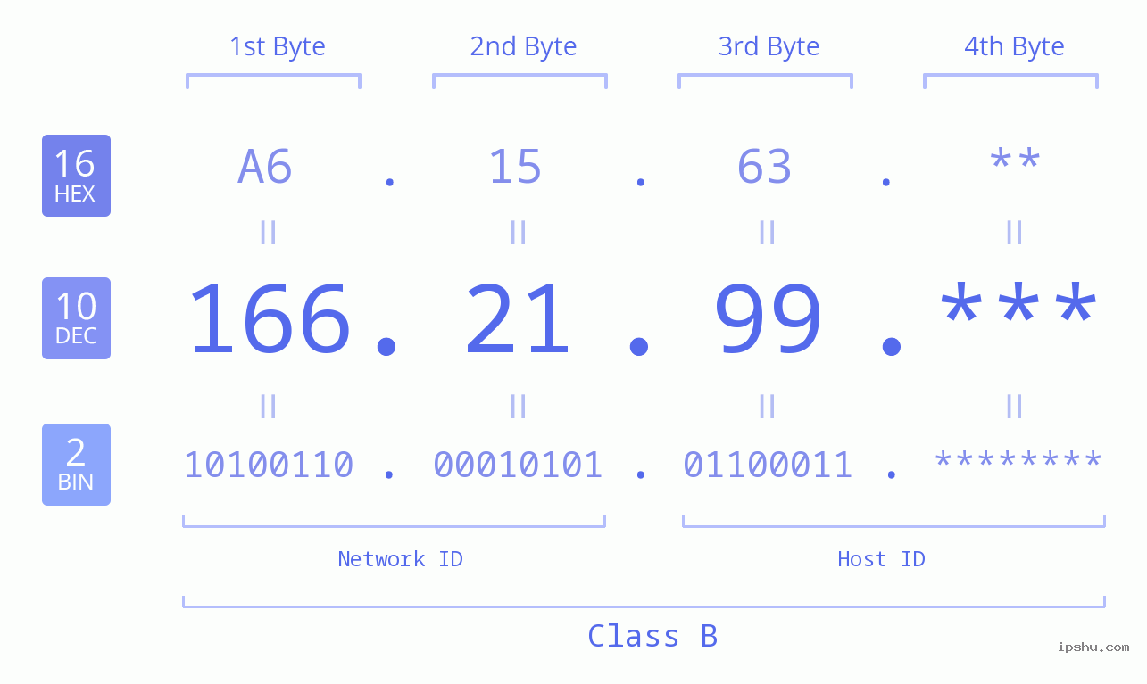 IP Address: 166.21.99 Data Structure Chart BIN DEC HEX IPv4: 166.21.99 Network Class, Net ID, Host ID