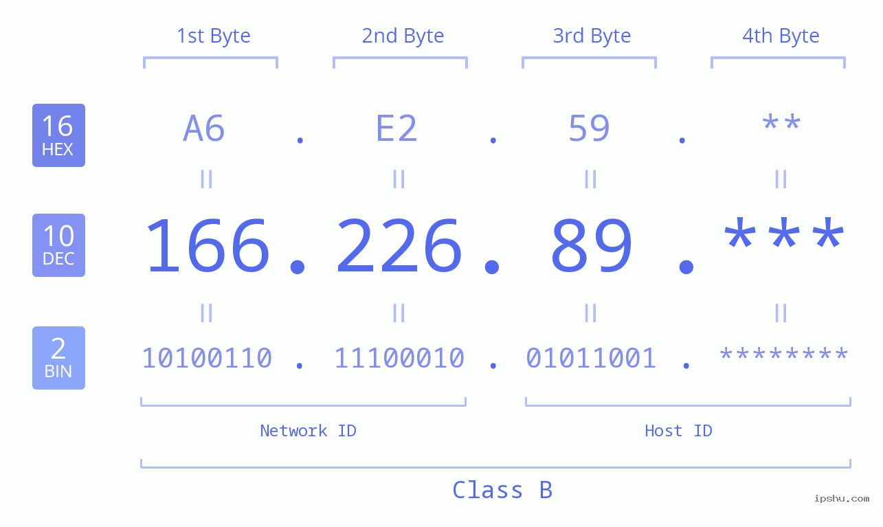 IP Address: 166.226.89 Data Structure Chart BIN DEC HEX IPv4: 166.226.89 Network Class, Net ID, Host ID