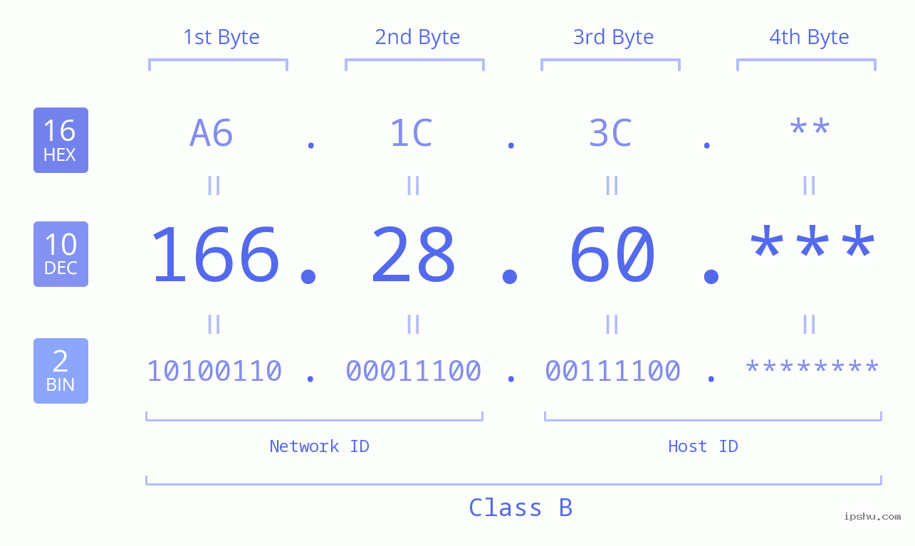 IP Address: 166.28.60 Data Structure Chart BIN DEC HEX IPv4: 166.28.60 Network Class, Net ID, Host ID