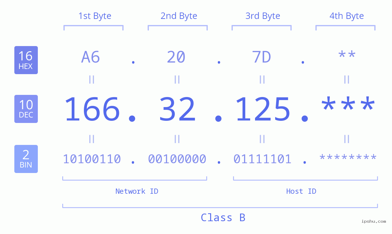 IP Address: 166.32.125 Data Structure Chart BIN DEC HEX IPv4: 166.32.125 Network Class, Net ID, Host ID