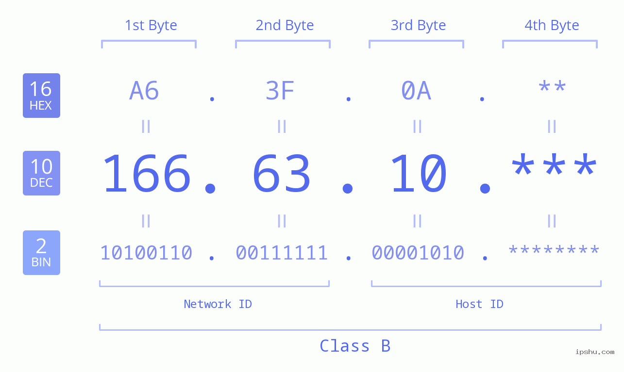 IP Address: 166.63.10 Data Structure Chart BIN DEC HEX IPv4: 166.63.10 Network Class, Net ID, Host ID