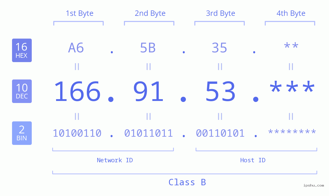 IP Address: 166.91.53 Data Structure Chart BIN DEC HEX IPv4: 166.91.53 Network Class, Net ID, Host ID