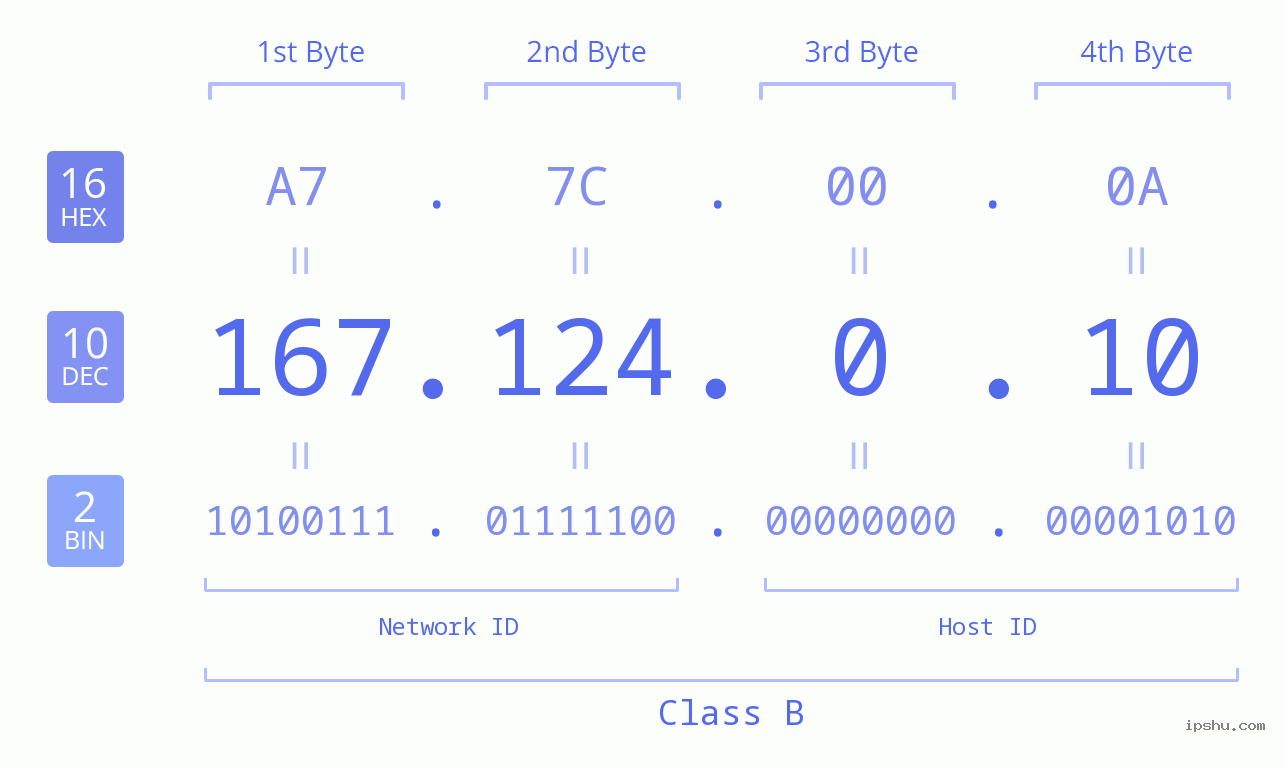 IP Address: 167.124.0.10 Data Structure Chart BIN DEC HEX IPv4: 167.124.0.10 Network Class, Net ID, Host ID