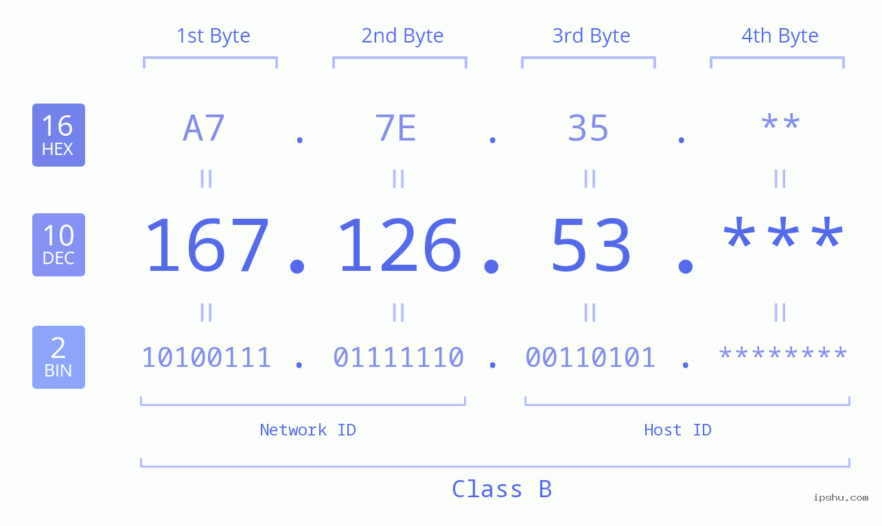 IP Address: 167.126.53 Data Structure Chart BIN DEC HEX IPv4: 167.126.53 Network Class, Net ID, Host ID
