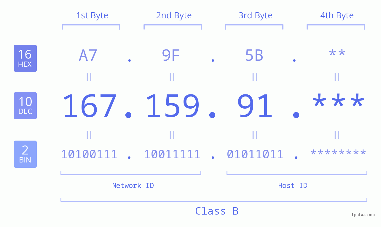 IP Address: 167.159.91 Data Structure Chart BIN DEC HEX IPv4: 167.159.91 Network Class, Net ID, Host ID