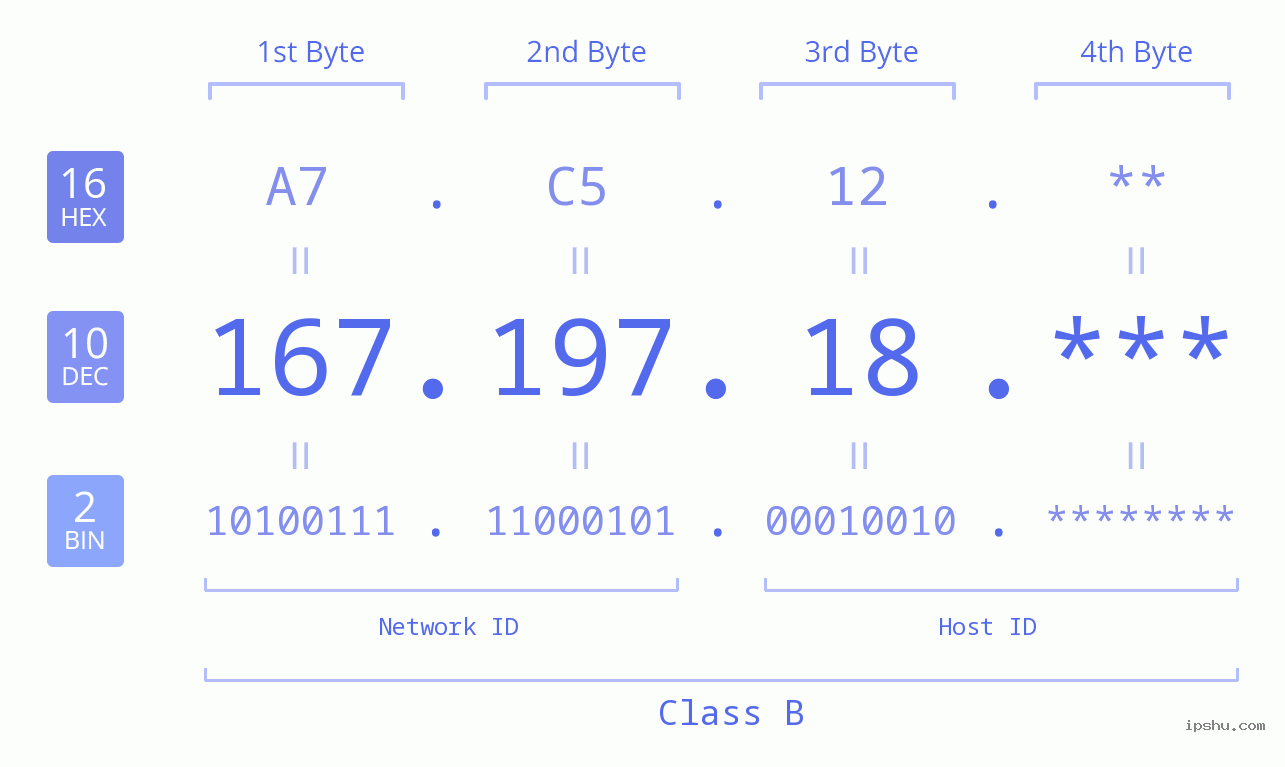 IP Address: 167.197.18 Data Structure Chart BIN DEC HEX IPv4: 167.197.18 Network Class, Net ID, Host ID