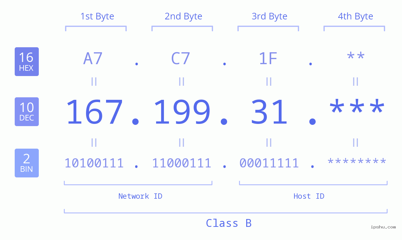 IP Address: 167.199.31 Data Structure Chart BIN DEC HEX IPv4: 167.199.31 Network Class, Net ID, Host ID