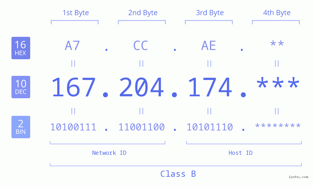 IP Address: 167.204.174 Data Structure Chart BIN DEC HEX IPv4: 167.204.174 Network Class, Net ID, Host ID