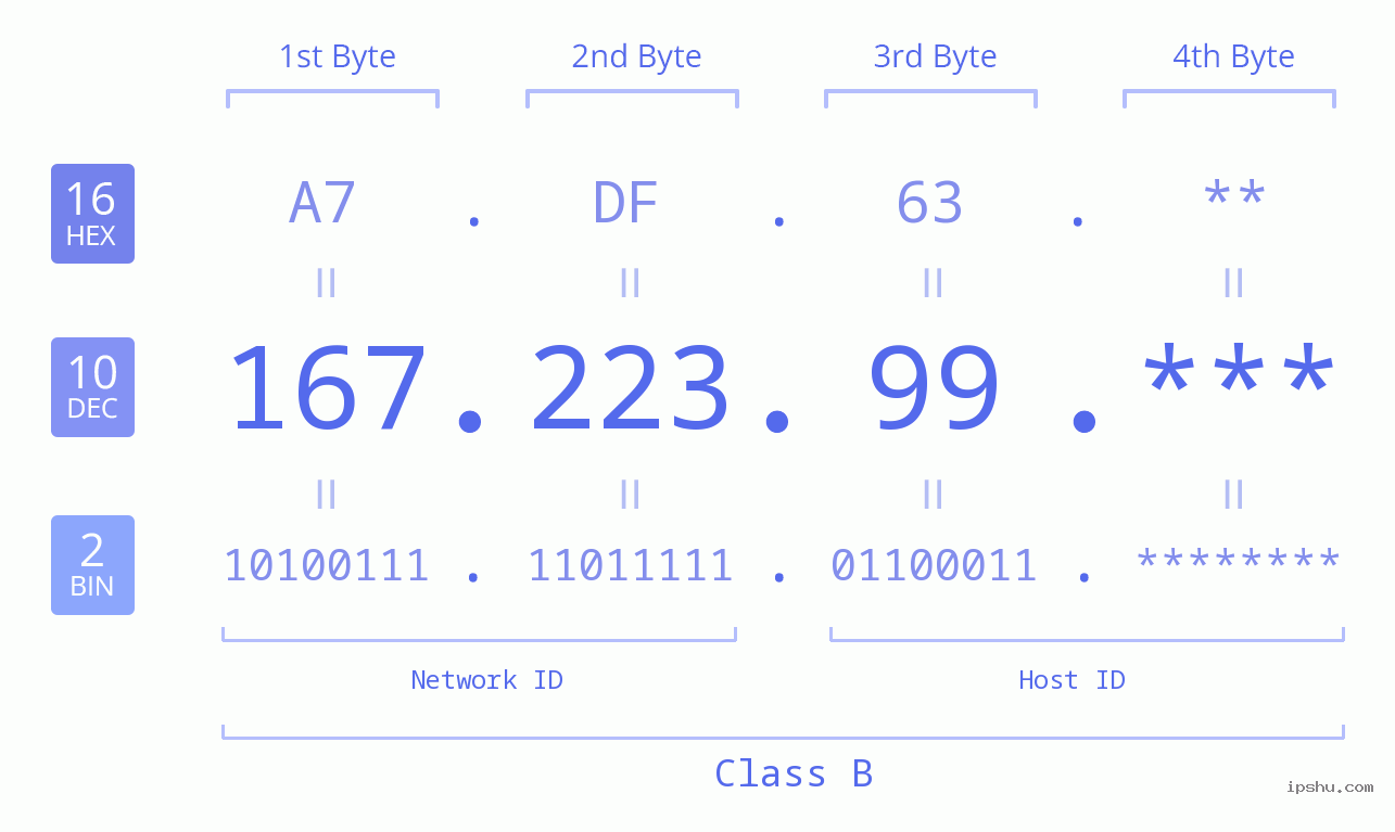 IP Address: 167.223.99 Data Structure Chart BIN DEC HEX IPv4: 167.223.99 Network Class, Net ID, Host ID
