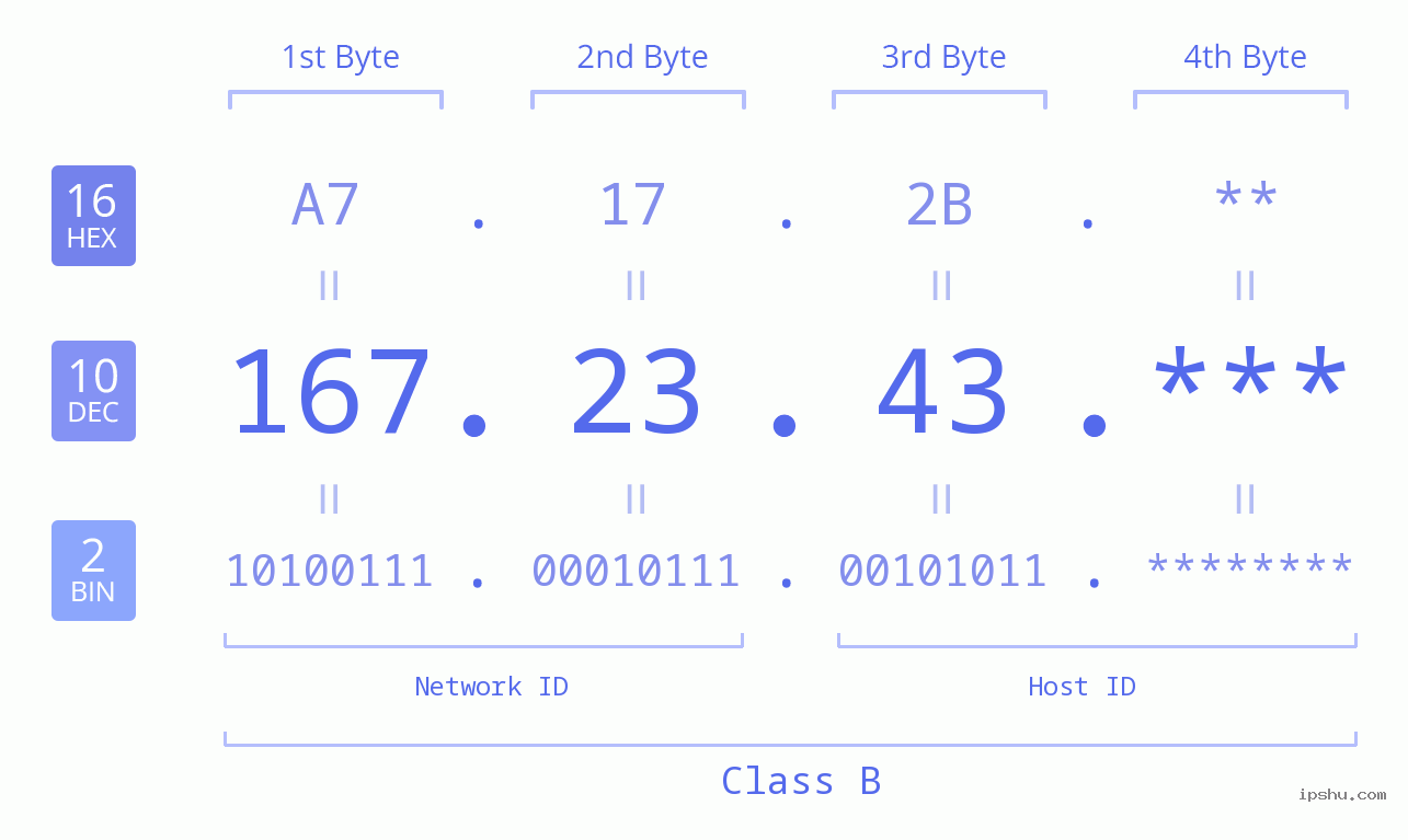 IP Address: 167.23.43 Data Structure Chart BIN DEC HEX IPv4: 167.23.43 Network Class, Net ID, Host ID