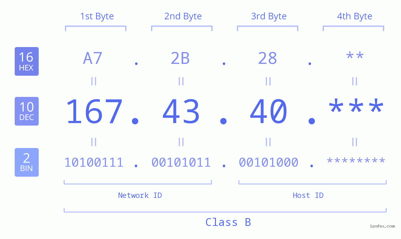 IP Address: 167.43.40 Data Structure Chart BIN DEC HEX IPv4: 167.43.40 Network Class, Net ID, Host ID