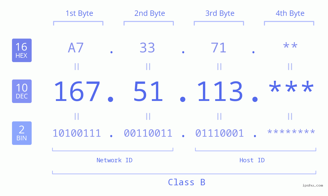 IP Address: 167.51.113 Data Structure Chart BIN DEC HEX IPv4: 167.51.113 Network Class, Net ID, Host ID