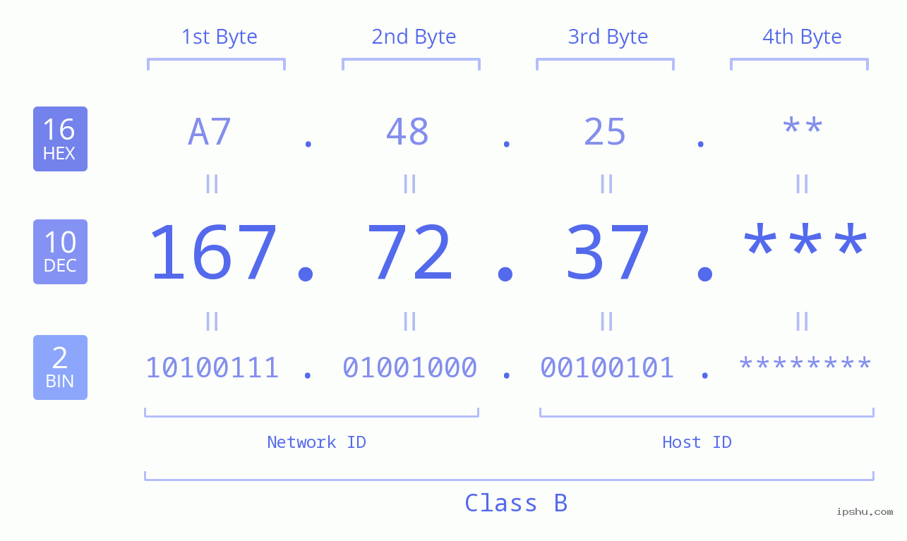 IP Address: 167.72.37 Data Structure Chart BIN DEC HEX IPv4: 167.72.37 Network Class, Net ID, Host ID