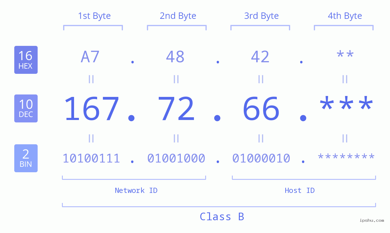 IP Address: 167.72.66 Data Structure Chart BIN DEC HEX IPv4: 167.72.66 Network Class, Net ID, Host ID