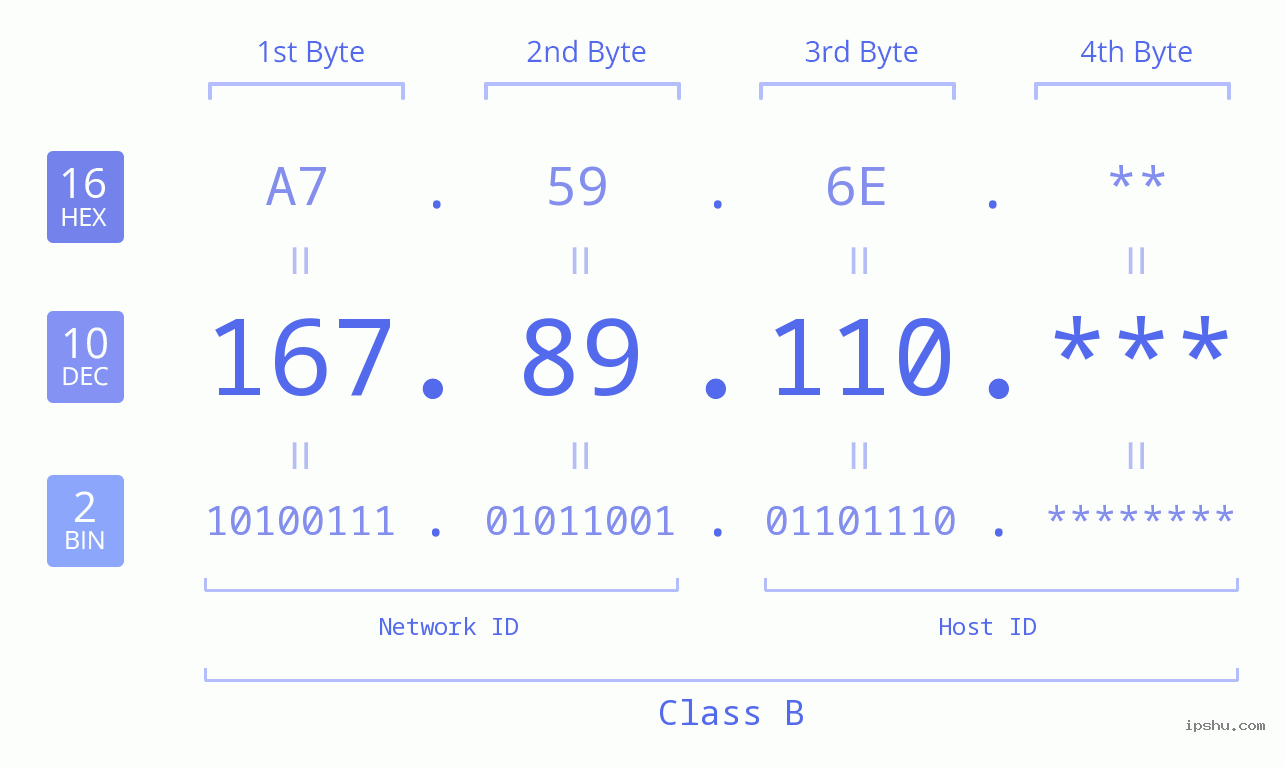 IP Address: 167.89.110 Data Structure Chart BIN DEC HEX IPv4: 167.89.110 Network Class, Net ID, Host ID
