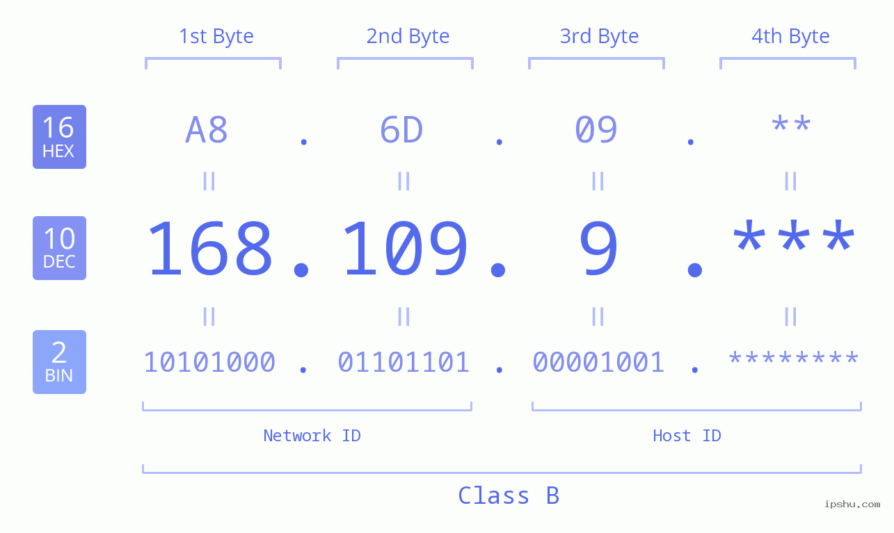 IP Address: 168.109.9 Data Structure Chart BIN DEC HEX IPv4: 168.109.9 Network Class, Net ID, Host ID