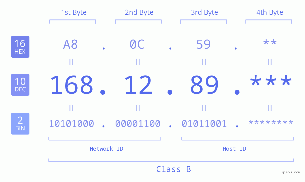 IP Address: 168.12.89 Data Structure Chart BIN DEC HEX IPv4: 168.12.89 Network Class, Net ID, Host ID