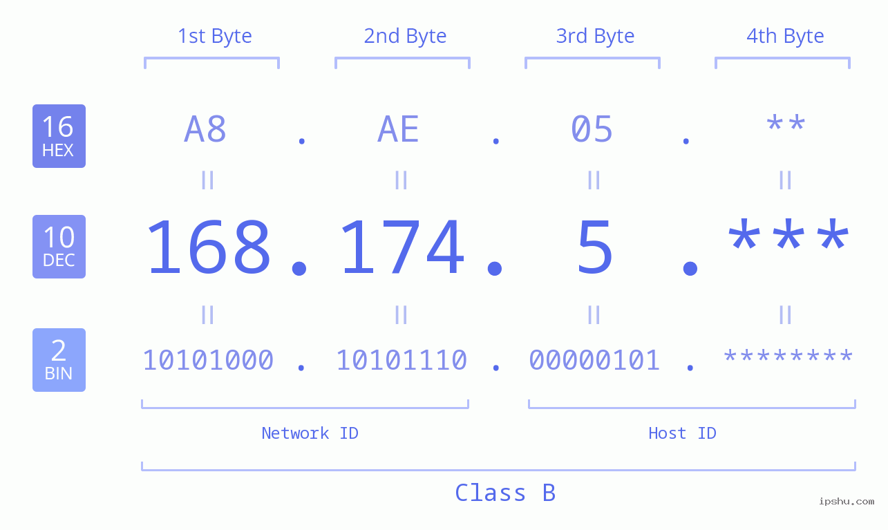 IP Address: 168.174.5 Data Structure Chart BIN DEC HEX IPv4: 168.174.5 Network Class, Net ID, Host ID