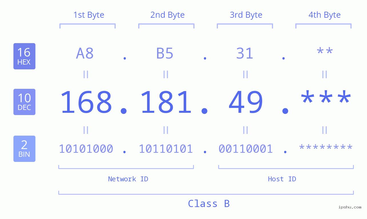 IP Address: 168.181.49 Data Structure Chart BIN DEC HEX IPv4: 168.181.49 Network Class, Net ID, Host ID