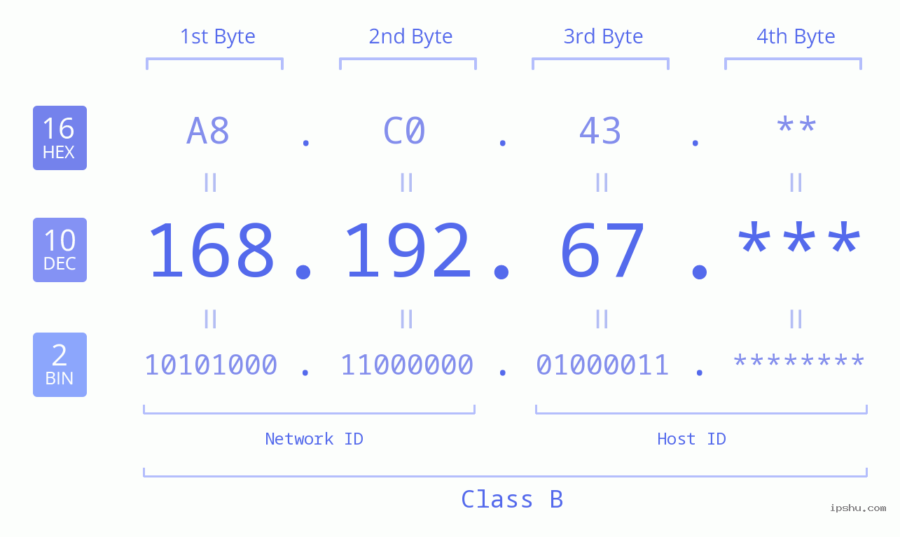 IP Address: 168.192.67 Data Structure Chart BIN DEC HEX IPv4: 168.192.67 Network Class, Net ID, Host ID