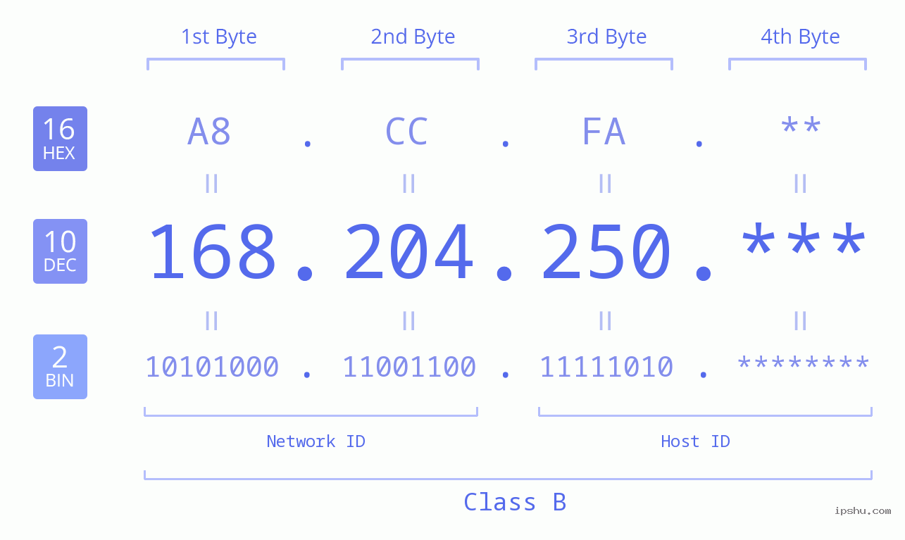 IP Address: 168.204.250 Data Structure Chart BIN DEC HEX IPv4: 168.204.250 Network Class, Net ID, Host ID