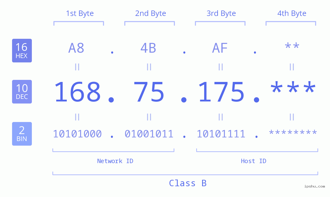 IP Address: 168.75.175 Data Structure Chart BIN DEC HEX IPv4: 168.75.175 Network Class, Net ID, Host ID