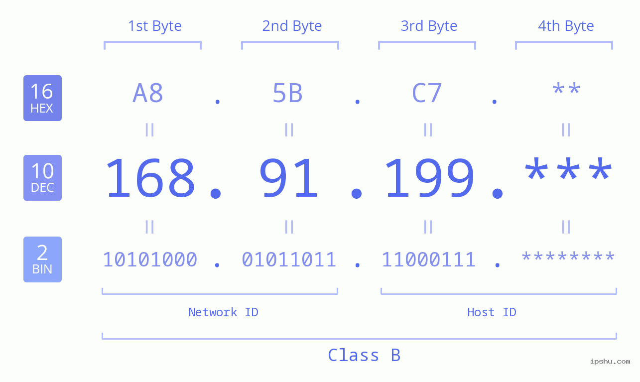 IP Address: 168.91.199 Data Structure Chart BIN DEC HEX IPv4: 168.91.199 Network Class, Net ID, Host ID