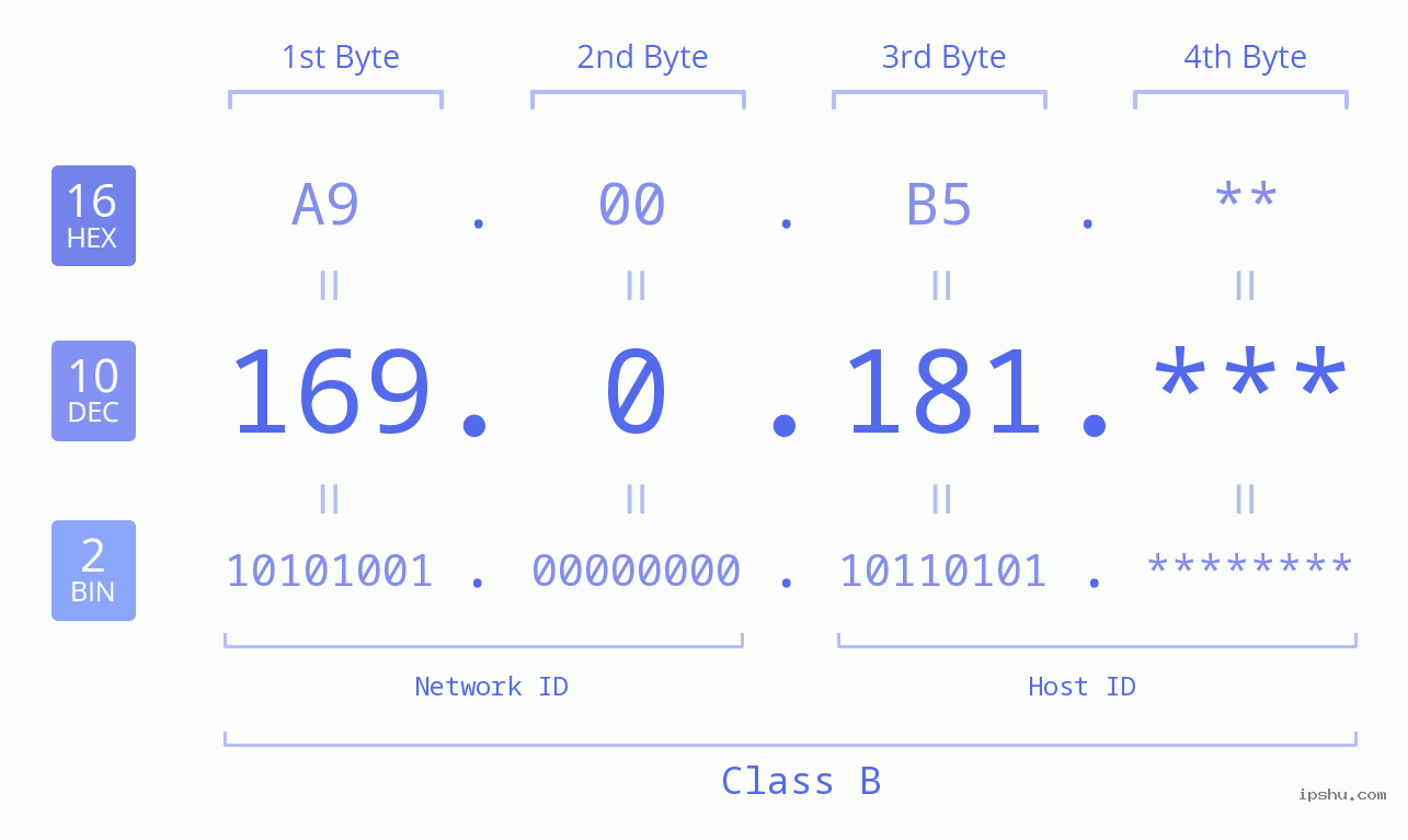 IP Address: 169.0.181 Data Structure Chart BIN DEC HEX IPv4: 169.0.181 Network Class, Net ID, Host ID