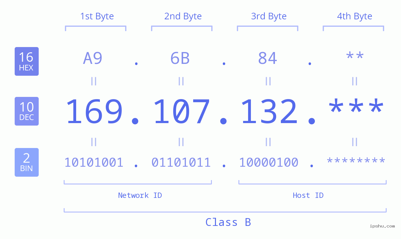 IPv4: 169.107.132 Network Class, Net ID, Host ID