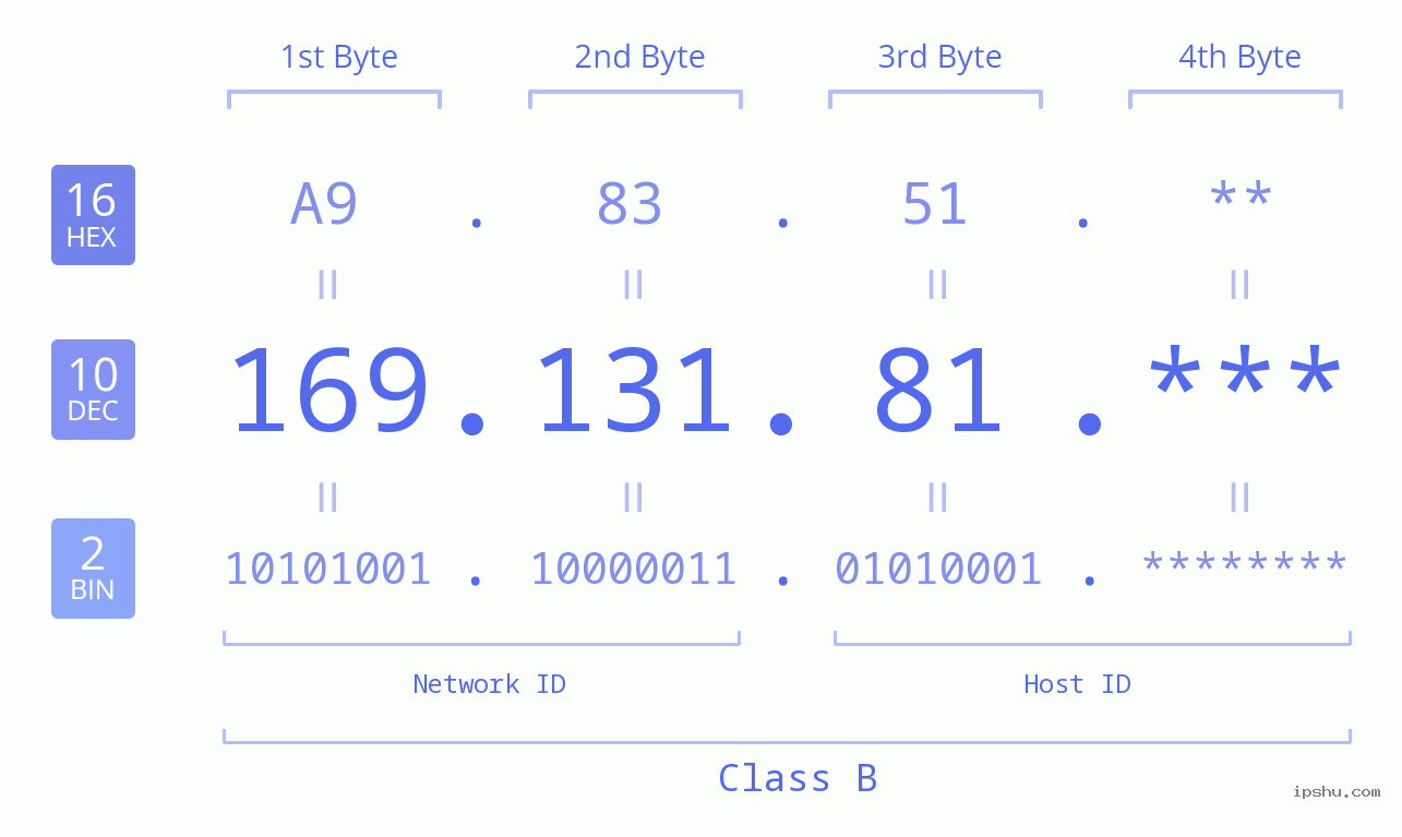 IP Address: 169.131.81 Data Structure Chart BIN DEC HEX IPv4: 169.131.81 Network Class, Net ID, Host ID