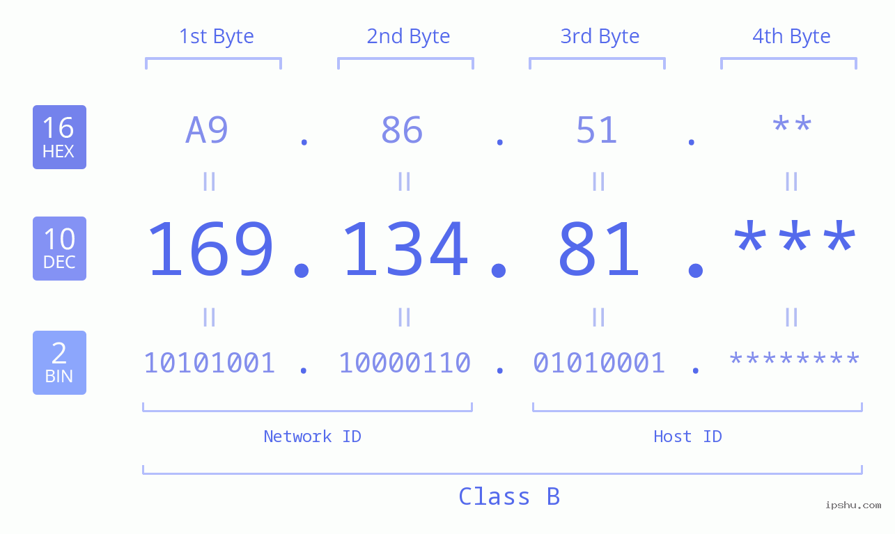 IP Address: 169.134.81 Data Structure Chart BIN DEC HEX IPv4: 169.134.81 Network Class, Net ID, Host ID