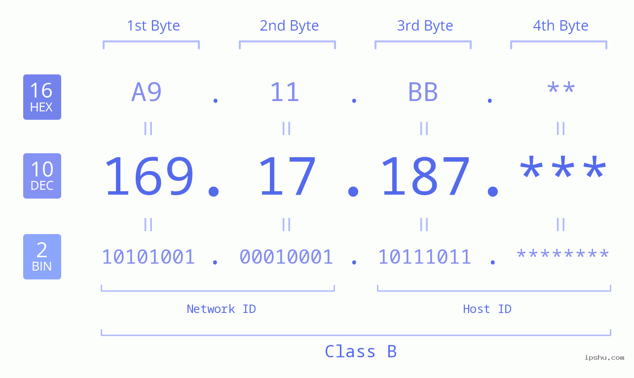 IP Address: 169.17.187 Data Structure Chart BIN DEC HEX IPv4: 169.17.187 Network Class, Net ID, Host ID