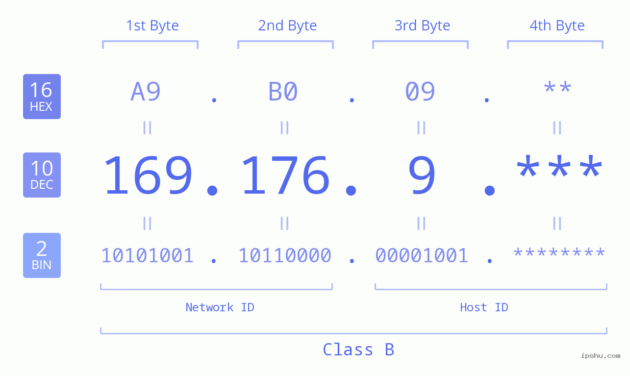 IP Address: 169.176.9 Data Structure Chart BIN DEC HEX IPv4: 169.176.9 Network Class, Net ID, Host ID