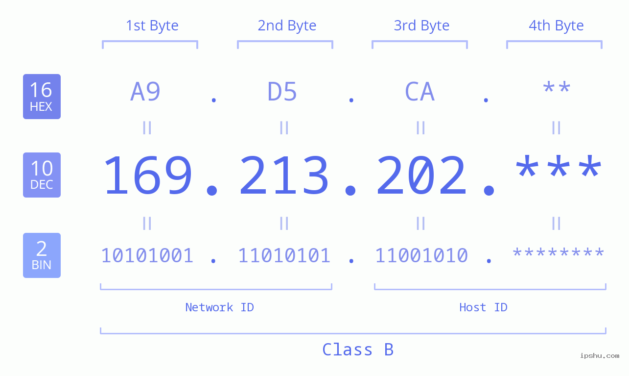 IP Address: 169.213.202 Data Structure Chart BIN DEC HEX IPv4: 169.213.202 Network Class, Net ID, Host ID