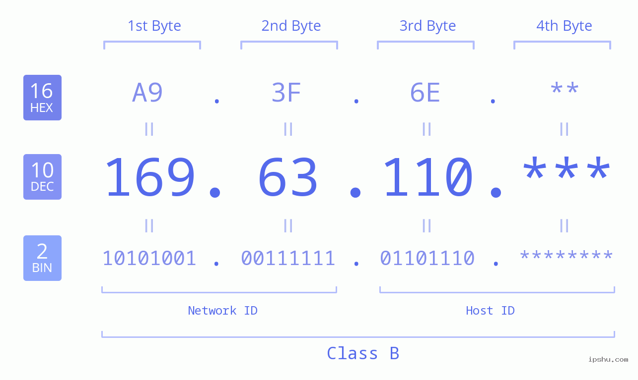 IP Address: 169.63.110 Data Structure Chart BIN DEC HEX IPv4: 169.63.110 Network Class, Net ID, Host ID