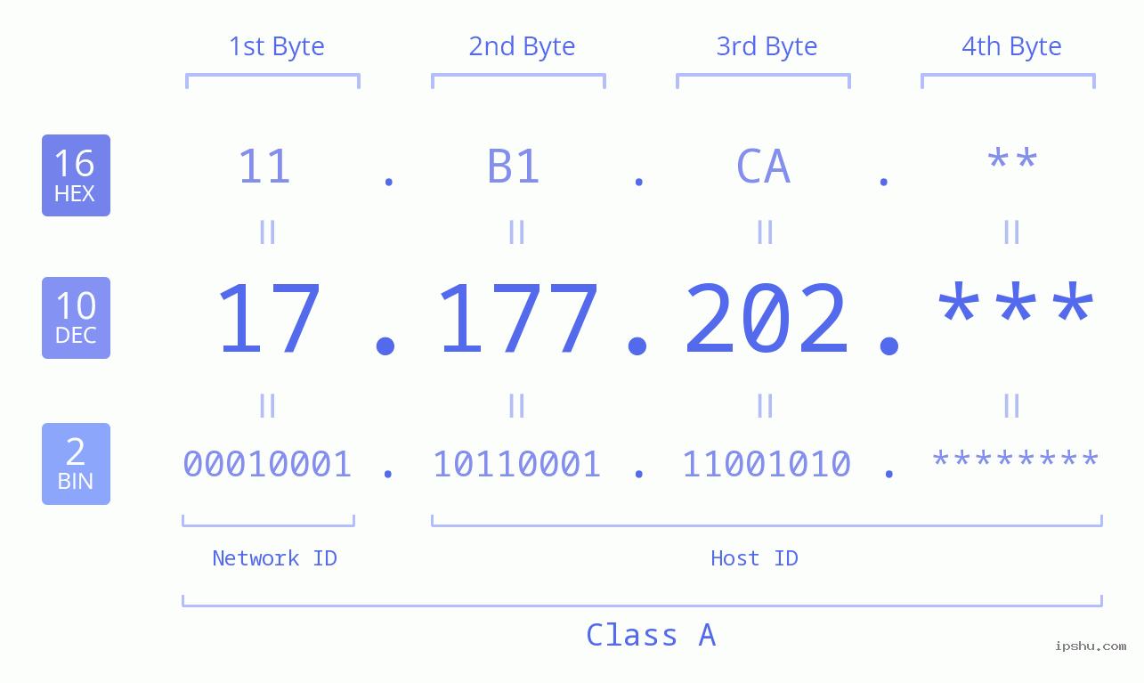 IP Address: 17.177.202 Data Structure Chart BIN DEC HEX IPv4: 17.177.202 Network Class, Net ID, Host ID