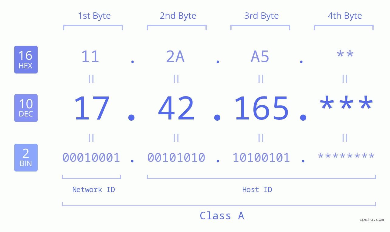 IP Address: 17.42.165 Data Structure Chart BIN DEC HEX IPv4: 17.42.165 Network Class, Net ID, Host ID
