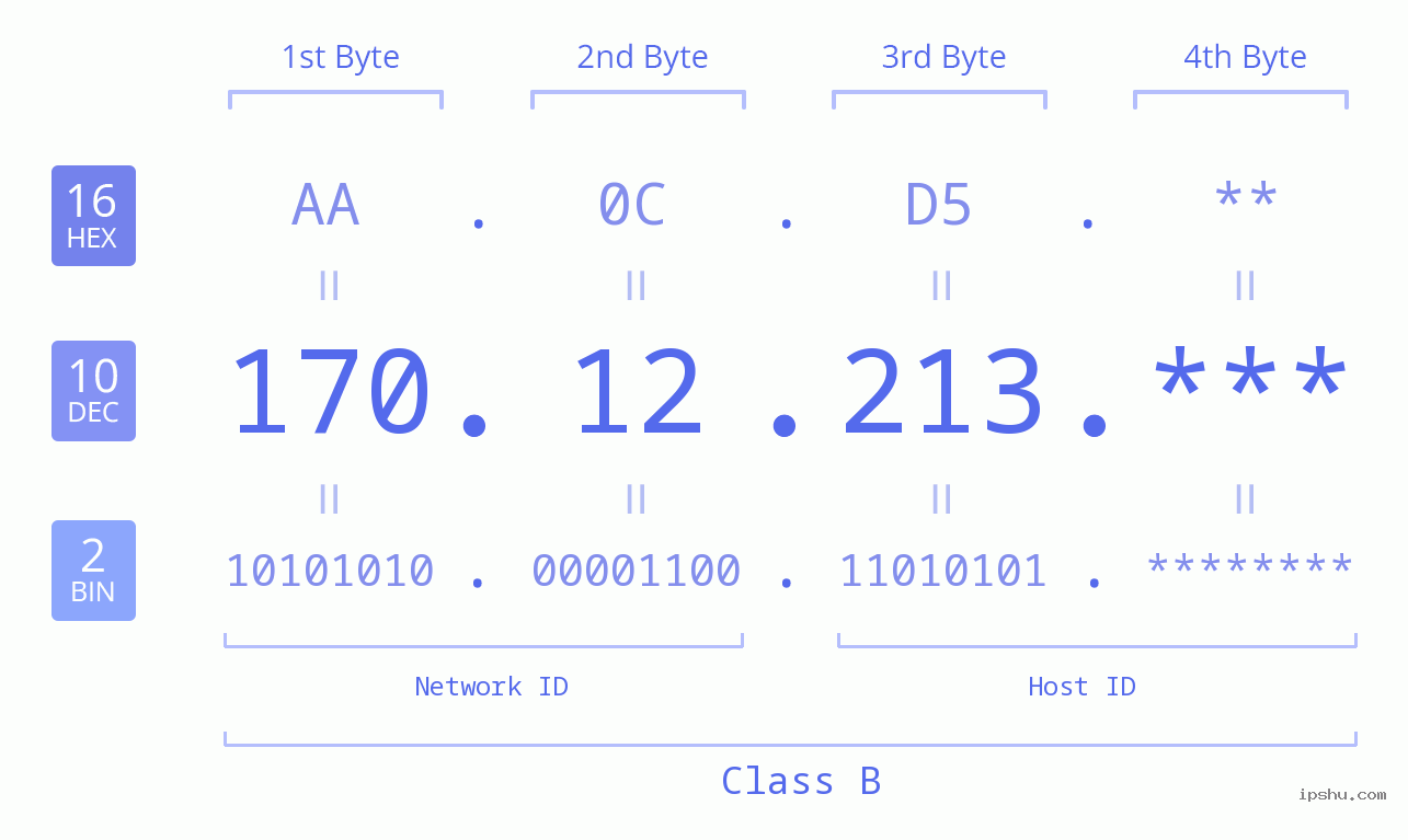 IP Address: 170.12.213 Data Structure Chart BIN DEC HEX IPv4: 170.12.213 Network Class, Net ID, Host ID